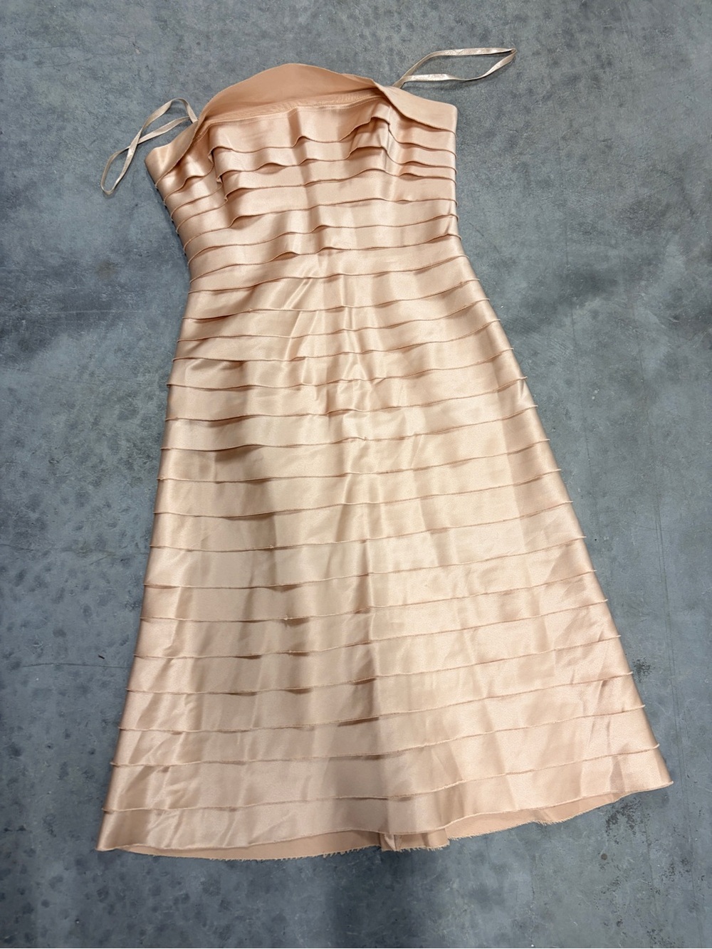 BCBGMaxAzria Strapless Tiered Satin Dress in Peach